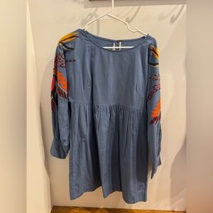 Free People Blue Dress with Embroidered Sleeves